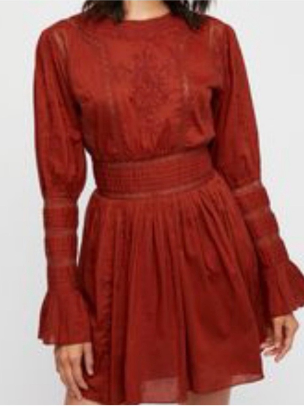 Free People Long-Sleeve Smocked Waist Mini Dress